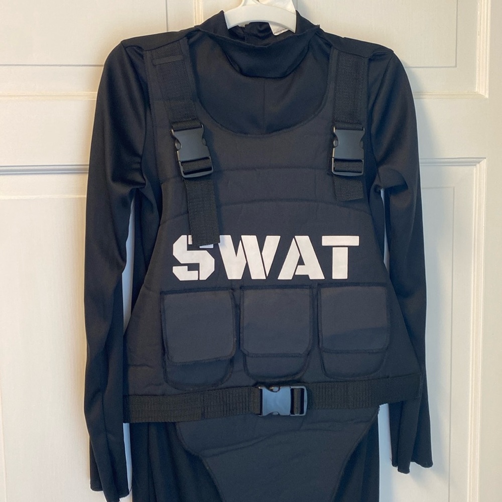 SWAT costume one-piece with Velcro closures in back with plastic helmet.